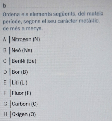 Ordena els elements següents, del mateix
període, segons el seu caràcter metàl·lic,
de més a menys.
A ┃Nitrogen (N)
B ┃Neó (Ne)
C ┃Beril·li (Be)
D ┃Bor (B)
E | Liti (Li)
F ┃Fluor (F)
G |Carboni (C)
H | Oxigen (O)