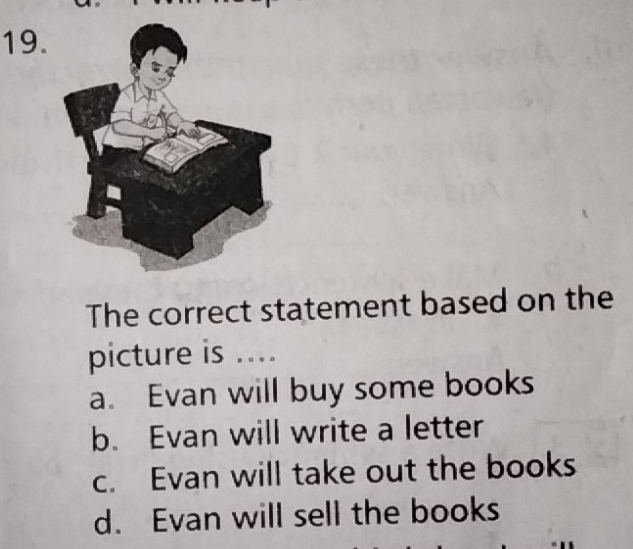 The correct statement based on the
picture is ....
a. Evan will buy some books
b. Evan will write a letter
c. Evan will take out the books
d. Evan will sell the books