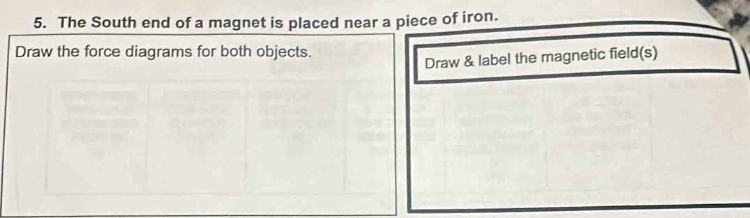 The South end of a magnet is placed near a piece of iron. 
Draw the force diagrams for both objects. 
Draw & label the magnetic field(s)