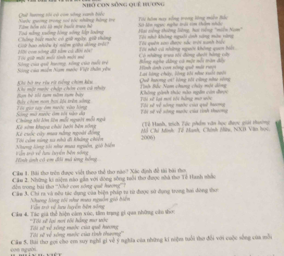 Nhở CON sống quê hương
Quê lương tôi có con sông xanh biếc
Nước guưng trong soi tóc những hàng tr Tôi hôm nay sống trong lòng miền Bắc
Tâm hồn tôi là một buổi trưa h_2 Số lên ngực nghe trải tím thẩm nhấc
Toá nắng xuống lông sóng lập loàng  Hai tiếng thiêng liêng, hai tiếng 'miền Nam"
Chẳng biết nước có giữ ngày, giữ thắng Tôi nhớ không nguồi ảnh sáng màu vàng
Giữ bao nhiêu kỷ niệm giữa đòng trôi? Tôi quên sao được sắc trời xanh biệc
Hồi con sông đã tâm cả đời tôi Tôi nhỏ cả những người không quen biết
Tôi giữ mãi môi tình mới mê Có những trua tôi đùng dưới hàng cây
Sông của quê hương, sông của tuổi trẻ Bổng nghe đẳng cá một nổi trận đấy
Sông của miền Nam nước Việt thân yêu Hình ảnh con sông quê mắt rượn
Lai làng chảy, lông tôi như xuốt tưới
Khi bở tre riu rịt tiếng chim kêu Quê hượng ơi! lông tối cũng như sông
Khi mặt nước chập chân con cả nhày Tình Bắc Nam chung chây một dông
Ban bè tôi tụm năm tụm bảy Không gành thác nào ngân cán được
Bây chim non bại lội trên sông Tôi sẽ lại nơi tôi hằng mơ vớc
Ti giơ tay ôm nước vào lông Tôi sẽ về sóng mước của quê hương
Sông mở nước ôm tôi vào đạ Tôi sẽ về sông nước của tình thương
Chủng tôi lớn lên mỗi người mỗi ngà
Kẻ sớm khuya chài lưới bên sông  (Tế Hanh, trích Tác phẩm văn học được giải thường
Kẻ cuốc cày mưa năng ngoài đồng Hỗ Chi Minh: Tổ Hành, Chính Hữu, NXB Văn học,
Tôi cầm súng xa nhà đì kháng chiến 2006)
Nhưng lòng tôi như mưa nguồn, gió biển
Vẫn trở về lưu luyền bên sống
Hình ảnh cô em đối má ứng hồng,
Câu 1. Bài thơ trên được viết theo thể thơ nào? Xác định đề tài bài thơ.
Câu 2. Những ki niệm nào gắn với dòng sông tuổi thơ được nhà thơ Tế Hanh nhắc
đến trong bài thơ ''Nhớ con sông quê hương''?
Câu 3. Chỉ ra và nêu tác dụng của biện pháp tu từ được sử dụng trong hai dòng thơ:
Nhưng lòng tôi như mưa nguồn gió biển
Vẫn trở về lưu luyễn bên sóng
Câu 4. Tác giả thể hiện cảm xúc, tâm trạng gì qua những cầu thơ:
'Tôi sẽ lại nơi tôi hằng mơ ước
Tôi sẽ về sông nước của quê hương
Tôi sẽ về sông nước của tình thượng''
Câu 5. Bài thơ gợi cho em suy nghĩ gỉ về ý nghĩa của những kí niệm tuổi thơ đổi với cuộc sống của mỗi
con người.