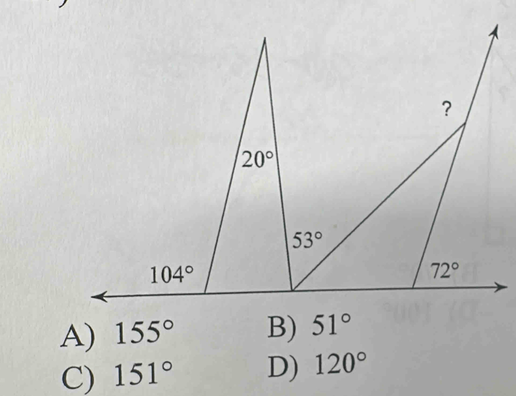 A) 155°
B) 51°
C) 151°
D) 120°