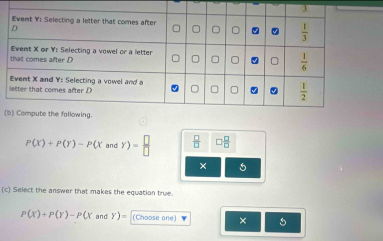 (
P(X)+P(Y)-P(X and Y)= □ /□    □ /□   □  □ /□  
×
(c) Select the answer that makes the equation true.
P(X)+P(Y)-P(XandY)= (Choose one) × 5