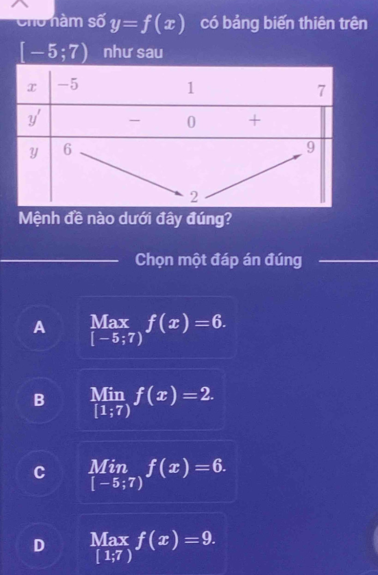 Cho nàm số y=f(x) có bảng biến thiên trên
[-5;7) như sau
Mệnh đề nào dưới đây đúng?
_Chọn một đáp án đúng_
A Max f(x)=6.
[-5;7) (sqrt(U)=^circ 
B  Min/[1;7) f(x)=2.
C limlimits _[-5;7)f(x)=6.
D  Max/[1;7) f(x)=9.