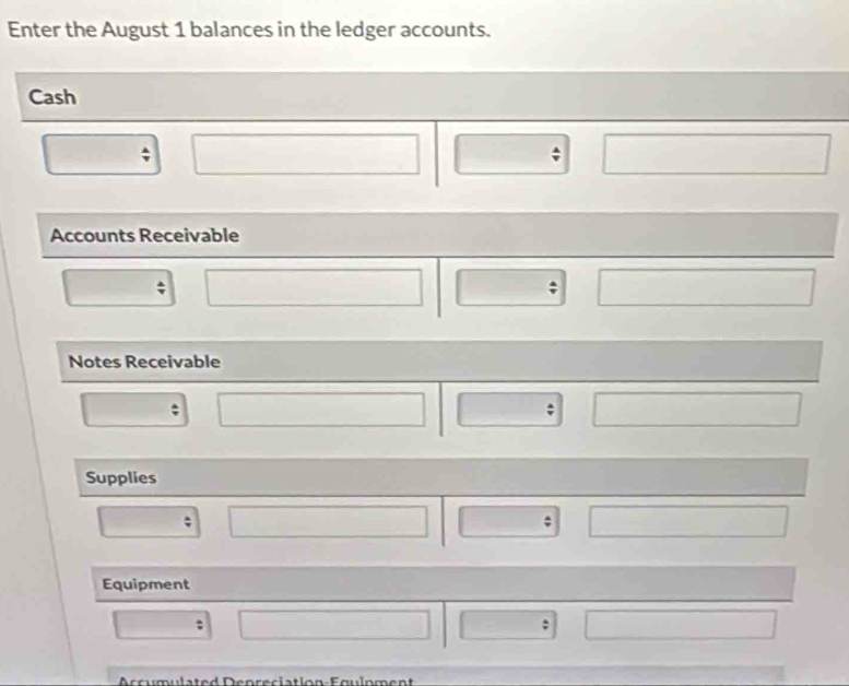 Enter the August 1 balances in the ledger accounts. 
Cash 
Accounts Receivable 
; 
Notes Receivable 
; 
Supplies 
Equipment 
; 
Accumulated Depreciation-Fgulpment