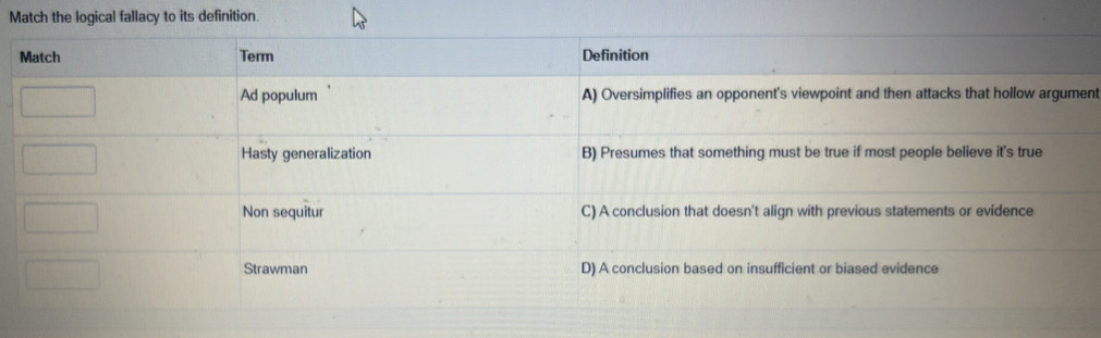 Match the logical fallacy to its definition. 
nt