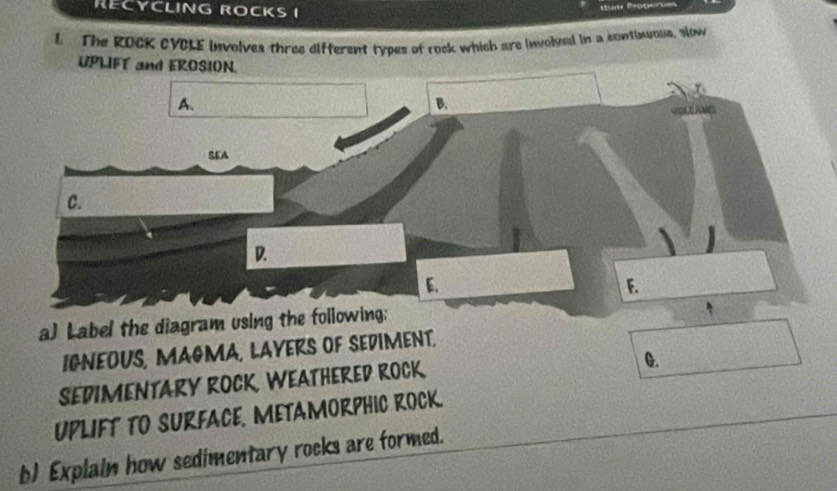 RECYCLING ROCKS I 
L The ROCK CYCLE involves three different types of rock which are involved in a continuous, slow 
UPLIFT and EROSION. 
A. 
B. 
SEA 
C. 
D. 
E. 
F. 
aJ Label the diagram using the following: 
IGNEOUS, MAGMA, LAYERS OF SEDIMENT, 
SEDIMENTARY ROCK, WEATHERED ROCK 
G. 
UPLIFT TO SURFACE, METAMORPHIC ROCK. 
b) Explain how sedimentary rocks are formed.