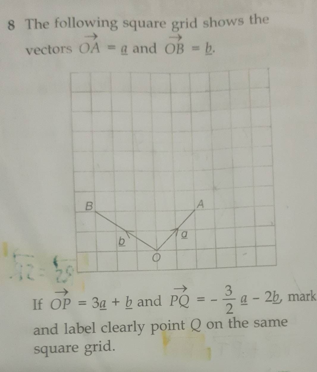 The following square grid shows the 
vectors vector OA=_ a and vector OB=_ b. 
If vector OP=3_ a+_ b and vector PQ=- 3/2 _ a-2b , mark 
and label clearly point Q on the same 
square grid.