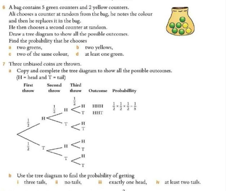 A bag contains 5 green counters and 2 yellow counters. 
Ali chooses a counter at random from the bag, he notes the colour 
and then he replaces it in the bag. 
He then chooses a second counter at random. 
Draw a tree diagram to show all the possible outcomes. 
Find the probability that he chooses 
a two greens, b two yellows, 
c two of the same colour, d at least one green. 
7 Three unbiased coins are thrown. 
a Copy and complete the tree diagram to show all the possible outcomes. 
 H= head and T=tail)
First Second Third 
throw throw throw Outcome Probabillity
 1/2  H HHH  1/2 *  1/2 *  1/2 = 1/8 
 1/2  H HHT 
T
 1/2  H 
T H 
T 
H
 1/2  T H T 
T , H 
T 
Use the tree diagram to find the probability of getting 
i three tails, ⅲ no tails, i exactly one head, iv at least two tails.