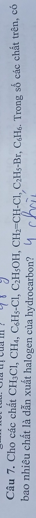 Cho các chất CH_3Cl, CH_4, C_6H_5-Cl, C_2H_5OH, CH_2=CH-Cl, C_2H_5-Br , C₆H₆. Trong số các chất trên, có 
bao nhiêu chất là dẫn xuất halogen của hydrocarbon?