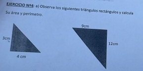 EJERCICIO Nº4; a) Observa los siguientes triángulos rectángulos y calcula 
Su área y perimetro.