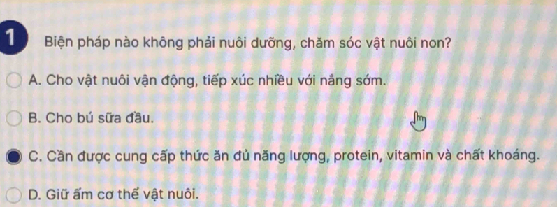 Biện pháp nào không phải nuôi dưỡng, chăm sóc vật nuôi non?
A. Cho vật nuôi vận động, tiếp xúc nhiều với nắng sớm.
B. Cho bú sữa đầu.
C. Cần được cung cấp thức ăn đủ năng lượng, protein, vitamin và chất khoáng.
D. Giữ ấm cơ thể vật nuôi.