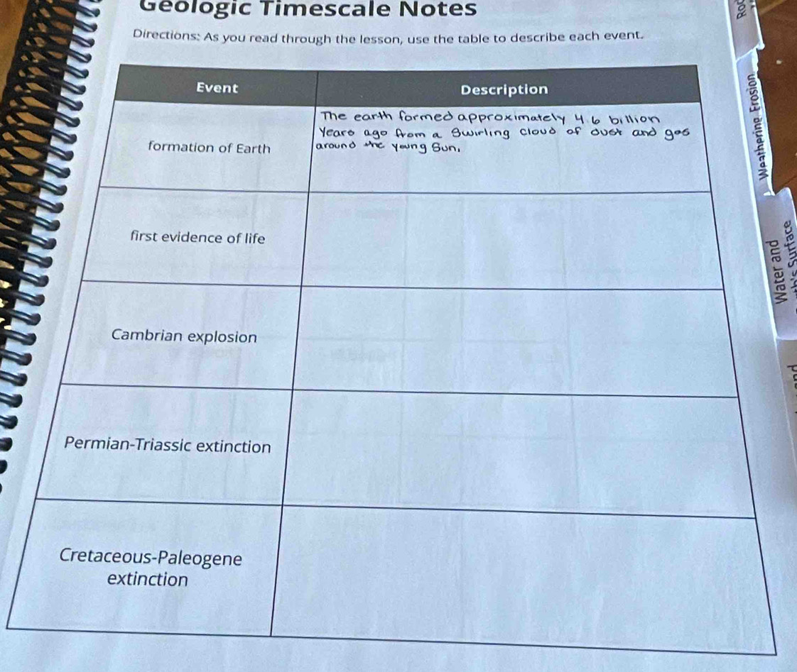 Géologic Timescale Notes 
Directions: As you read through the lesson, use the table to describe each event. 
_ 
a 
τ