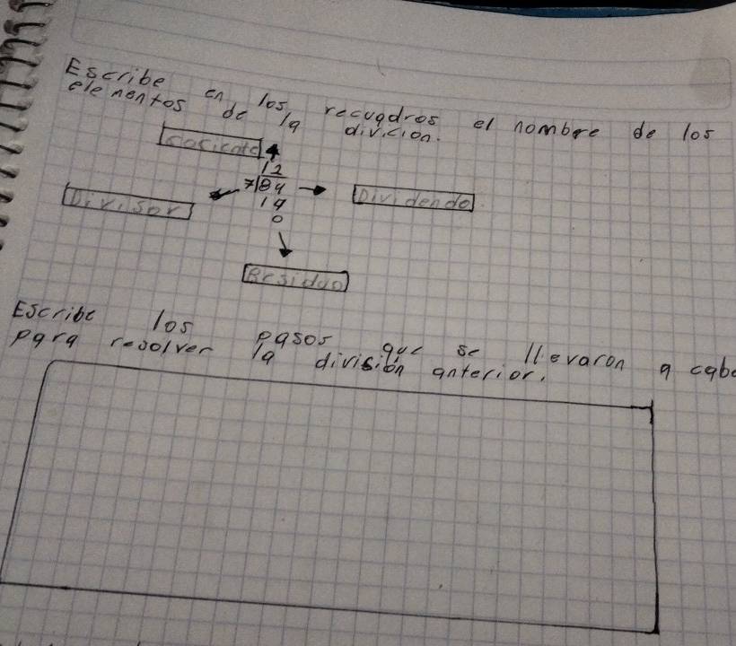 Escribe on los, recuadros el nombre do los 
ele mentos de la divcion. 
oricatd
beginarrayr 12 7encloselongdiv 84endarray tDivi dendo 
14 
Divisor o 
rsiduo 
Escribc l0s Pas0s gue se llevaron a cabe 
pgra rooolver 1a division anterior,