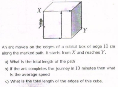 An ant moves on the edges of a cubical box of edge 10 cm
along the marked path. It starts from X and reaches Y. 
a) What is the total length of the path 
b) If the ant completes the journey in 10 minutes then what 
is the average speed 
c) What is the total length of the edges of this cube.