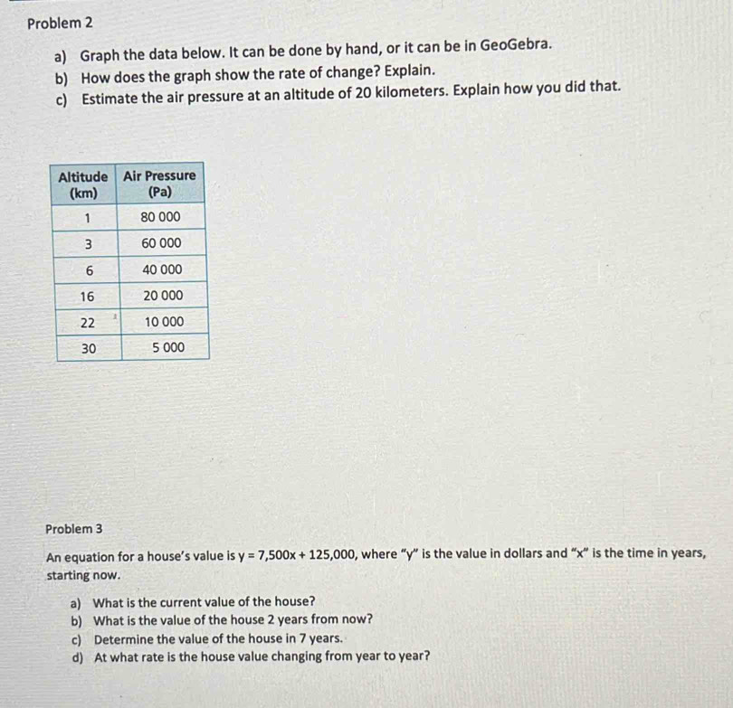 Problem 2 
a) Graph the data below. It can be done by hand, or it can be in GeoGebra. 
b) How does the graph show the rate of change? Explain. 
c) Estimate the air pressure at an altitude of 20 kilometers. Explain how you did that. 
Problem 3 
An equation for a house’s value is y=7,500x+125,000 , where “ y ” is the value in dollars and “ x ” is the time in years, 
starting now. 
a) What is the current value of the house? 
b) What is the value of the house 2 years from now? 
c) Determine the value of the house in 7 years. 
d) At what rate is the house value changing from year to year?