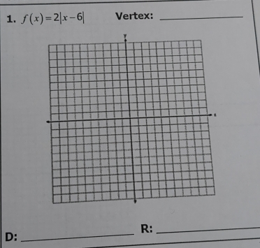 f(x)=2|x-6| Vertex:_ 
_ 
R:_ 
D: