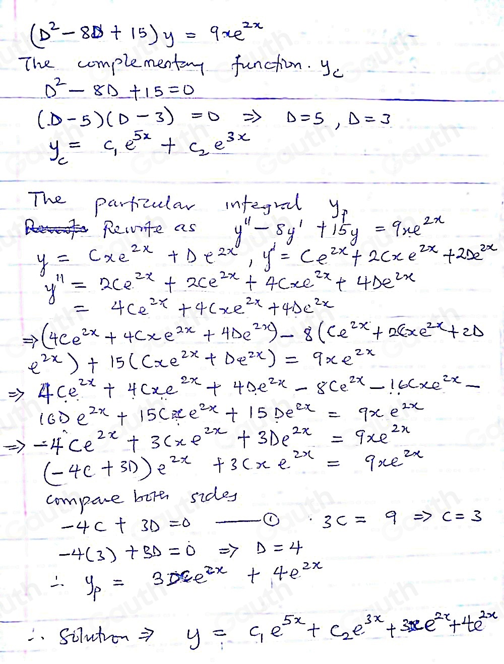 Solved: (D^2-8D+15)y=9xe^(2x) [Math]