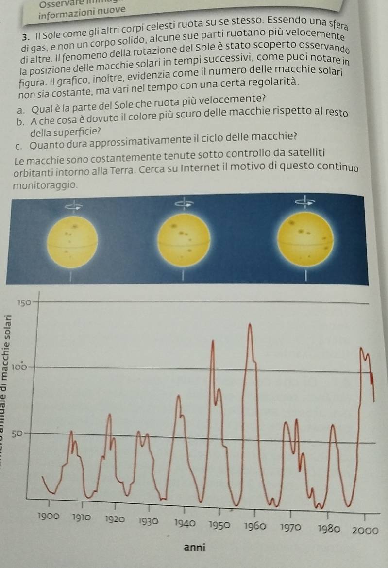 Osservar e 
informazioni nuove 
3. Il Sole come gli altri corpi celesti ruota su se stesso. Essendo una sfera 
di gas, e non un corpo solido, alcune sue parti ruotano più velocemente 
di altre. Il fenomeno della rotazione del Sole è stato scoperto osservando 
la posizione delle macchie solari in tempi successivi, come puoi notare in 
figura. Il grafico, inoltre, evidenzia come il numero delle macchie solari 
non sia costante, ma vari nel tempo con una certa regolarità. 
a. Qual è la parte del Sole che ruota più velocemente? 
b. A che cosa è dovuto il colore più scuro delle macchie rispetto al resto 
della superficie? 
c. Quanto dura approssimativamente il ciclo delle macchie? 
Le macchie sono costantemente tenute sotto controllo da satelliti 
orbitanti intorno alla Terra. Cerca su Internet il motivo di questo continuo 
monitoraggio. 
. 1
5
0