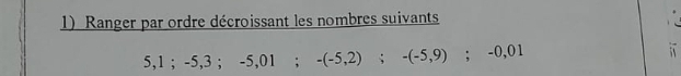 Ranger par ordre décroissant les nombres suivants
5, 1; -5, 3; -5,01; -(-5,2); -(-5,9); -0,01