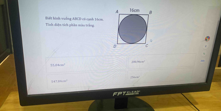 Biết hình vuông ABCD có cạnh 16cm.
Tính diện tích phần màu trắng.
200.96cm^2
Zalo
55.04cm^2
256cm^2
547.84cm^2
ELEAD=