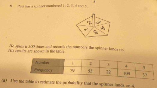 8 
8 Paul has a spinner numbered 1, 2, 3, 4 and 5
He spins it 300 times and records the numbers the spinner lands on. 
His results are shown in the table. 
(a) Use the table to estimate the probability that the spinner lands on 4.