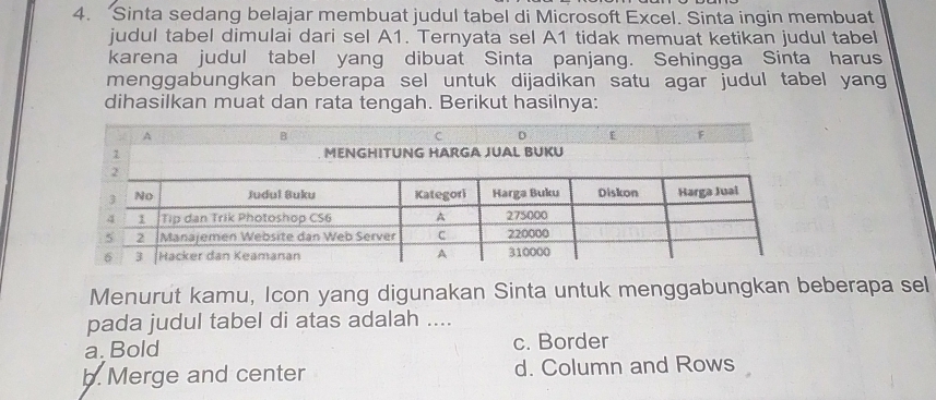 Sinta sedang belajar membuat judul tabel di Microsoft Excel. Sinta ingin membuat
judul tabel dimulai dari sel A1. Ternyata sel A1 tidak memuat ketikan judul tabel
karena judul tabel yang dibuat Sinta panjang. Sehingga Sinta harus
menggabungkan beberapa sel untuk dijadikan satu agar judul tabel yang
dihasilkan muat dan rata tengah. Berikut hasilnya:
Menurut kamu, Icon yang digunakan Sinta untuk menggabungkan beberapa sel
pada judul tabel di atas adalah ....
a. Bold c. Border
b. Merge and center d. Column and Rows