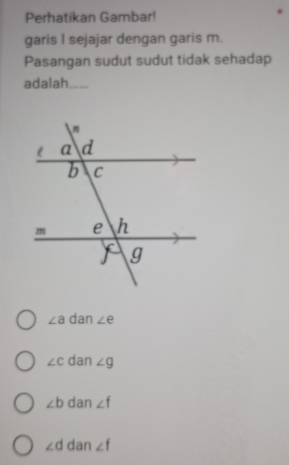 Perhatikan Gambar!
garis I sejajar dengan garis m.
Pasangan sudut sudut tidak sehadap
adalah......
∠ a dan ∠ e
∠ C dan ∠ g
∠ b dan ∠ f
∠ d dan ∠ f