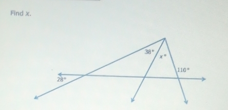 Find x.
38°
x°
110°
28°