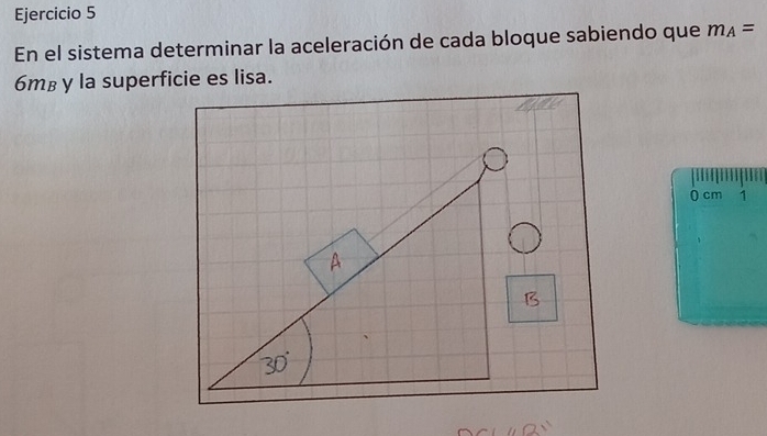 En el sistema determinar la aceleración de cada bloque sabiendo que m_A=
6mв y la superficie es lisa. 
( cm 1