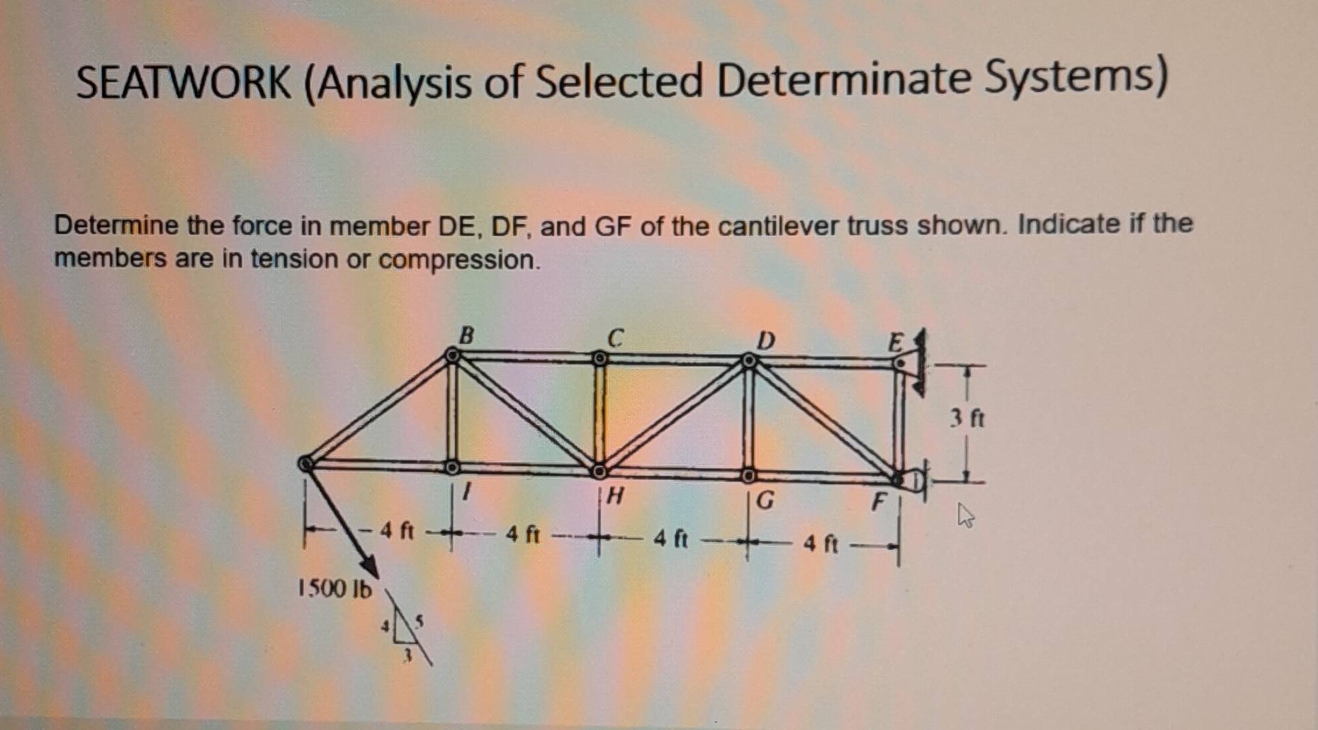 SEATWORK (Analysis of Selected Determinate Systems) 
Determine the force in member DE, DF, and GF of the cantilever truss shown. Indicate if the 
members are in tension or compression.