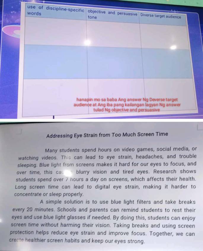 us 
Addressing Eye Strain from Too Much Screen Time 
Many students spend hours on video games, social media, or 
watching videos. This can lead to eye strain, headaches, and trouble 
sleeping. Blue light from screens makes it hard for our eyes to focus, and 
over time, this cau blurry vision and tired eyes. Research shows 
students spend over 7 hours a day on screens, which affects their health. 
Long screen time can lead to digital eye strain, making it harder to 
concentrate or sleep properly. 
A simple solution is to use blue light filters and take breaks 
every 20 minutes. Schools and parents can remind students to rest their 
eyes and use blue light glasses if needed. By doing this, students can enjoy 
screen time without harming their vision. Taking breaks and using screen 
protection helps reduce eye strain and improve focus. Together, we can 
create healthier screen habits and keep our eyes strong.