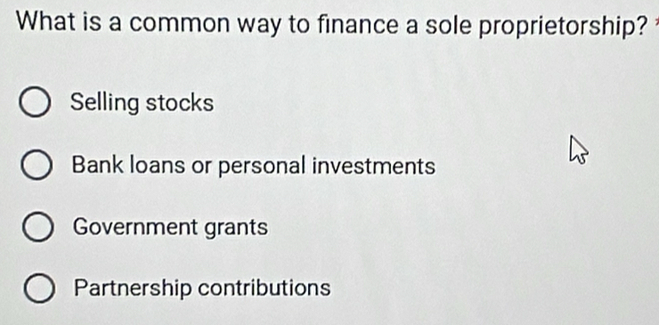 What is a common way to finance a sole proprietorship?
Selling stocks
Bank loans or personal investments
Government grants
Partnership contributions