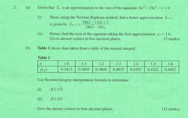 Given that X。 is an approximation to the root of the equation: 6x^4-15x^2-1=0
(i) Show, using the Newton-Raphson method, that a better approximation X_n+1
is given by X_n+1=frac (18x_n)^4-15x_n^(2+1)(24x_n)^3-30x_n.
(ii) Hence, find the root of the equation taking the first approximation x_0=1.6.
Given answer correct to five decimal places. (7 marks)
(b) Table I shows data taken from a table of the normal integral.
Use Newton Gregory interpolation formula to determine:
(i) f(1.17)
(ii) f(1.35)
Give the answer correct to four decimal places. (13 marks)