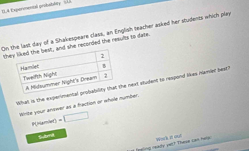 11.4 Experimental probability 9AA 
Onthe last day of a Shakespeare class, an English teacher asked her students which play 
thd she recorded the results to date. 
What is the experimene next student to respond likes Hamlet best? 
Write your answer as a fraction or whole number.
P(Ham let) =□
Submit 
Work it out 
t feeling ready yet? These can help: