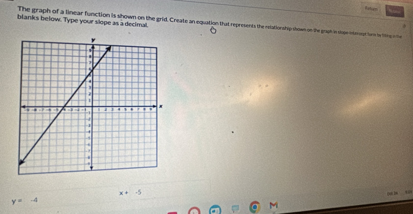 Return 
blanks below. Type your slope as a decimal. The graph of a linear function is shown on the grid. Create an equation that represents the relationship sown ga n slope-intercept form by flling in the 
a
x+-5
pst 24 30
y=-4
M