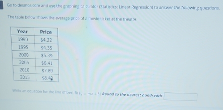 Go to desmos.com and use the graphing calculator (Statistics: Linear Regression) to answer the following questions. 
The table below shows the average price of a movie tickes at the theater. 
Write an equation for the line of best f (y=mx+b) Round to the nearest hundredth □