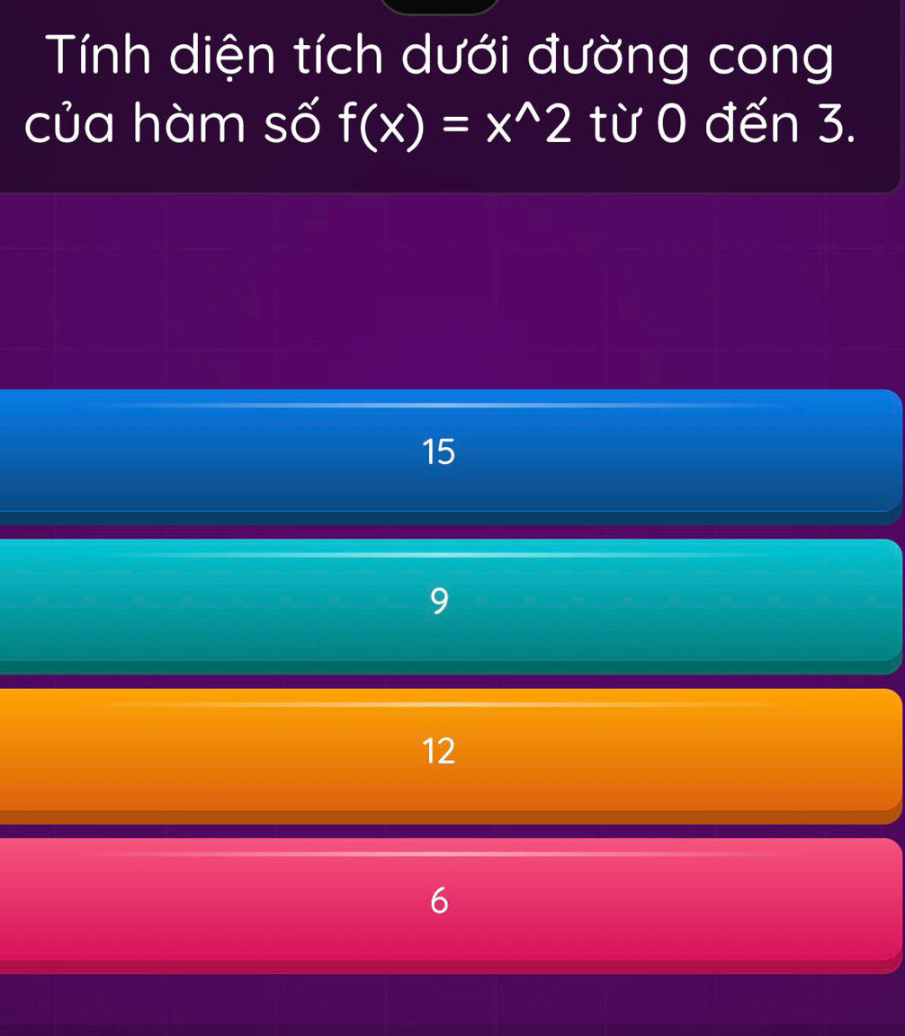 Tính diện tích dưới đường cong
của hàm số f(x)=x^(wedge)2 từ 0 đến 3.
15
9
12
6