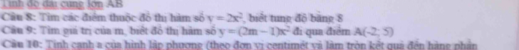 nh độ đại cụng Jon AB 
Cầu 8: Tim các điểm thuộc đô thị hàm số y=2x^2 , biết tung độ băng 8
Câu 9: Tìm giá trị của m, biết đô thị hàm số y=(2m-1)x^2 đi qua điểm A(-2;5)
Cầu 10: Tính canh a của hình lập phương (theo đơn vi centimét và làm tròn kết quả đến hàng phần
