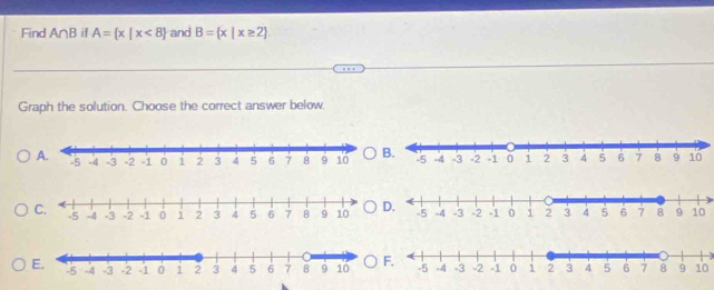 Find A∩B if A= x|x<8 and B= x|x≥ 2
Graph the solution. Choose the correct answer below. 
A. 
C. 
E. 10