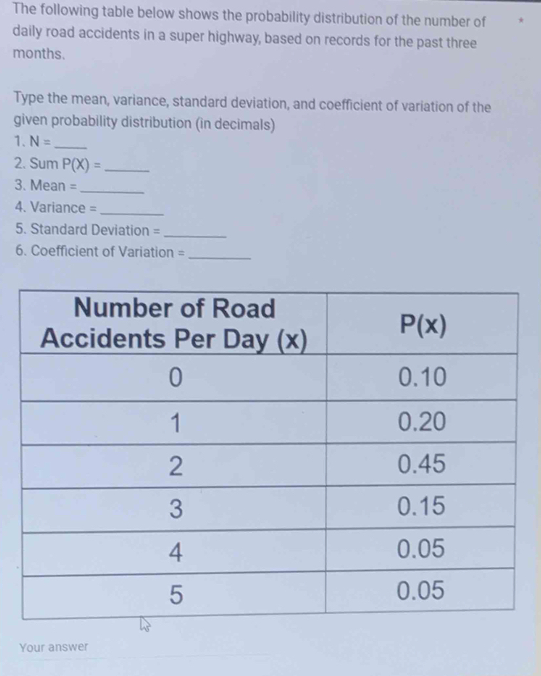 The following table below shows the probability distribution of the number of *
daily road accidents in a super highway, based on records for the past three
months.
Type the mean, variance, standard deviation, and coefficient of variation of the
given probability distribution (in decimals)
1. N= _
2. Sum P(X)= _
3. Mean =_
4. Variance =_
5. Standard Deviation =_
6. Coefficient of Variation =_
Your answer