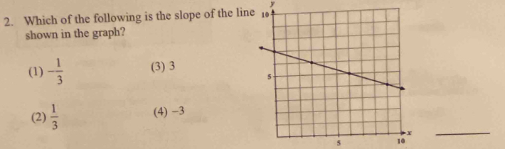 y
2. Which of the following is the slope of the lin
shown in the graph?
(1) - 1/3  (3) 3
(2)  1/3  (4) −3
_
5