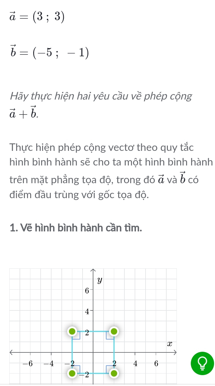 vector a=(3;3)
vector b=(-5;-1)
Hãy thực hiện hai yêu cầu về phép cộng
vector a+vector b. 
Thực hiện phép cộng vectơ theo quy tắc 
hình bình hành sẽ cho ta một hình bình hành 
trên mặt phẳng tọa độ, trong đó vector a và vector b có 
điểm đầu trùng với gốc tọa độ. 
1. Vẽ hình bình hành cần tìm.