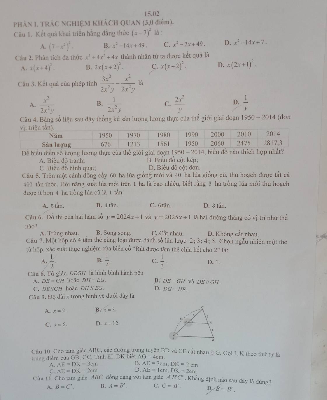 15.02
PHÀN I. TRÁC NGHIỆM KHÁCH QUAN (3,0 điểm).
Câu 1. Kết quả khai triển hằng đẳng thức (x-7)^2 là :
A. (7-x^2)^2. B. x^2-14x+49. C. x^2-2x+49. D. x^2-14x+7.
Câu 2. Phân tích đa thức x^3+4x^2+4x thành nhân tử ta được kết quả là
A. x(x+4)^2. B. 2x(x+2)^2. C. x(x+2)^2. D. x(2x+1)^2.
Câu 3. Kết quả của phép tính  3x^2/2x^2y - x^2/2x^2y 18
A.  x^2/2x^2y   1/2x^2y   2x^2/y   1/y 
B.
C.
D.
Câu 4. Bảng số liệu sau đây thống kê sản lượng lương thực của thế giới giai đoạn 1950 - 2014 (đơn
Để biểu diễn số lượng lương thực của thế giới giai đoạn 1950-2014 4, biểu đồ nào thích hợp nhất?
A. Biểu đồ tranh: B. Biểu đồ cột kép;
C. Biểu đồ hình quạt; D. Biểu đồ cột đơn.
Câu 5. Trên một cánh đồng cấy 60 ha lúa giống mới và 40 ha lúa giống cũ, thu hoạch được tất cả
460 tấn thóc. Hỏi năng suất lúa mới trên 1 ha là bao nhiêu, biết rằng 3 ha trồng lúa mới thu hoạch
được ít hơn 4 ha trồng lúa cũ là 1 tấn.
A. 5 tấn. B. 4 tấn. C. 6 tấn. D. 3 tấn.
Câu 6. Đồ thị của hai hàm số y=2024x+1 và y=2025x+1 là hai đường thắng có vị trí như thế
nào?
A. Trùng nhau. B. Song song. C. Cắt nhau. D. Không cắt nhau.
Câu 7. Một hộp có 4 tấm thẻ cùng loại được đánh số lần lượt: 2;3;4;5. Chọn ngẫu nhiên một thẻ
từ hộp, xác suất thực nghiệm của biến cố “Rút được tấm thẻ chia hết cho 2^(,,) là:
B.
C.
A.  1/2 .  1/4 .  1/3 . D. 1.
Câu 8. Tứ giác DEGH là hình bình hành nếu
A. DE=GH hoặc DH=EG. B. DE=GH và DE//GH.
C. DE//GH hoặc DHparallel EG. D. DG=HE.
Câu 9. Độ dài x trong hình vẽ dưới đây là
A. x=2. B. x=3.
C. x=6. D. x=12.
Câu 10. Cho tam giác ABC, các đường trung tuyến BD và CE cắt nhau ở G. Gọi I. K theo thứ tự là
trung điểm của GB, GC. Tính EI, DK biết AG=4cm.
B.
A. AE=DK=3cm AE=3cm:DK=2cm
D.
C. AE=DK=2cm AE=1cm,DK=2cm
Câu 11. Cho tam giác ABC đồng dạng với tam giác A'B'C'. Khẳng định nào sau đây là đúng?
A. B=C'. B. A=B'. C. C=B'. D, B=B'.