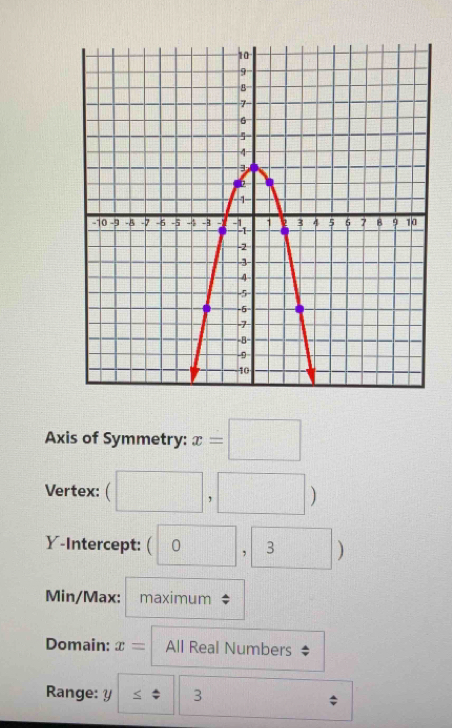 Axis of Symmetry: x=□
Vertex: (□ ,□ )
Y-Intercept: (0,3)
Min/Max: maximum 
Domain: x= All Real Numbers 
Range: y ≤... 3 □ 
∴ △ ADC