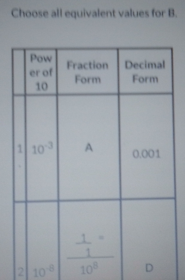 Choose all equivalent values for B.
2 10^(-8)
D