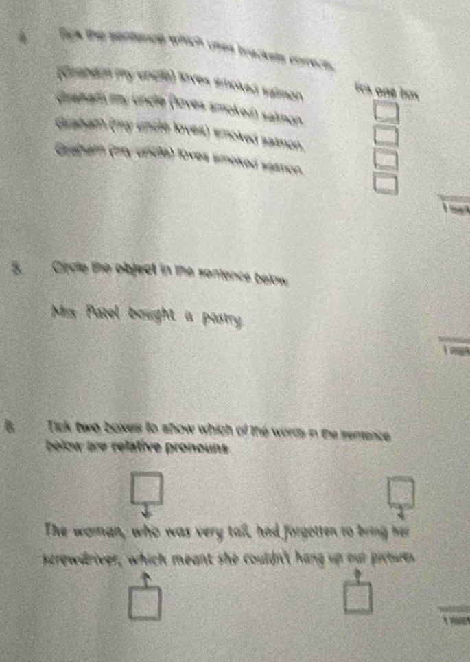 Sick the sentenog which ues brackets comere. 
(Ceabem ty shele) toves smoked saimen 
lcs one box 
Granar my uncle (loves smoked) salmon 
Guabath (mmy entle loves) smoked saimon. 
Greham (ory arcle) loves smoked sasmon. 
5. Circle the object in the sentence below 
Mes Patel bought a pastry. 
B Tick two boxes to show which of the words in the senence 
below lre relative pronouns 
The woman, who was very tall, had forgotten to bring her 
strewdriver, which meant she couldn't hang up our pictures