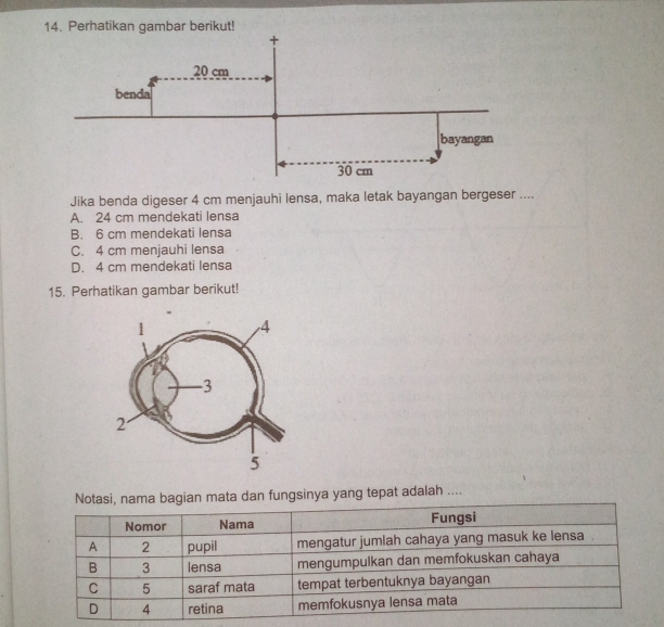 Perhatikan gambar berikut!
Jika benda digeser 4 cm menjauhi lensa, maka letak bayangan bergeser ....
A. 24 cm mendekati lensa
B. 6 cm mendekati lensa
C. 4 cm menjauhi lensa
D. 4 cm mendekati lensa
15. Perhatikan gambar berikut!
Notasi, nama bagian mata dan fungsinya yang tepat adalah ....
Nomor Nama Fungsi
A 2 pupil mengatur jumlah cahaya yang masuk ke lensa
B 3 lensa mengumpulkan dan memfokuskan cahaya
C 5 saraf mata tempat terbentuknya bayangan
D 4 retina memfokusnya lensa mata