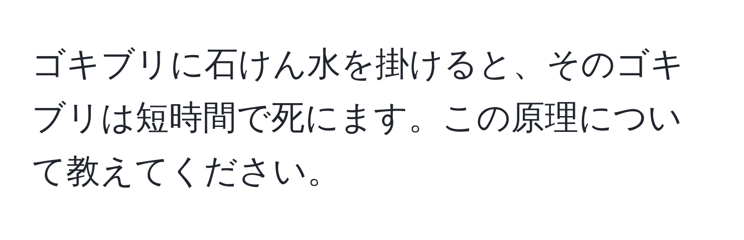 ゴキブリに石けん水を掛けると、そのゴキブリは短時間で死にます。この原理について教えてください。