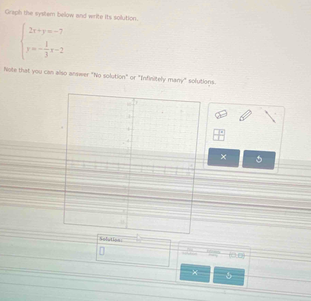 Graph the system below and write its solution.
beginarrayl 2x+y=-7 y=- 1/3 x-2endarray.
Note that you can also answer "No solution" or "Infinitely many" solutions.
frac x
×
Solution:
solution i tey (□ ,□ )
mvarty
×