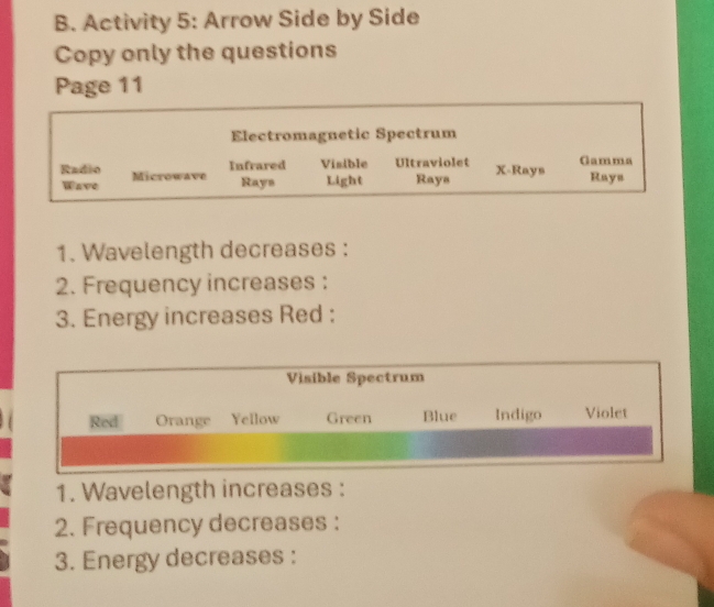 Activity 5: Arrow Side by Side 
Copy only the questions 
Page 11 
Electromagnetic Spectrum 
Infrared Visible Ultraviolet 
Radio Microwave 
Wave Rays Light Rays X -Rays Gamma Rays 
1. Wavelength decreases : 
2. Frequency increases : 
3. Energy increases Red : 
Visible Spectrum 
Red Orange Yellow Green Blue Indigo Violet 
1. Wavelength increases : 
2. Frequency decreases : 
3. Energy decreases :